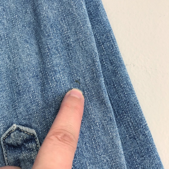 NEWTON TRADING CO. Distressed Denim Shirt Small Button Front Flannel Trim Worn - Picture 10 of 11